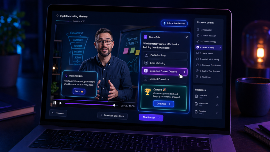 LearnWorlds interactive video editor showing quiz pop-ups and clickable buttons embedded inside an online lesson — LearnWorlds interactive video feature.