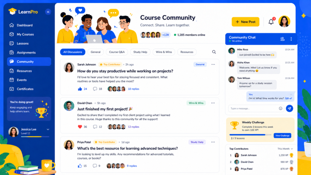 Online student community forum inside LearnWorlds showing discussion threads and group chat for course engagement