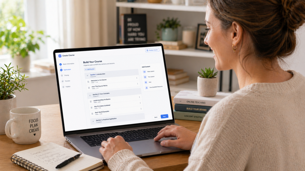 Woman building her first online course on LearnWorlds using the course creation wizard — how to create a course on LearnWorlds