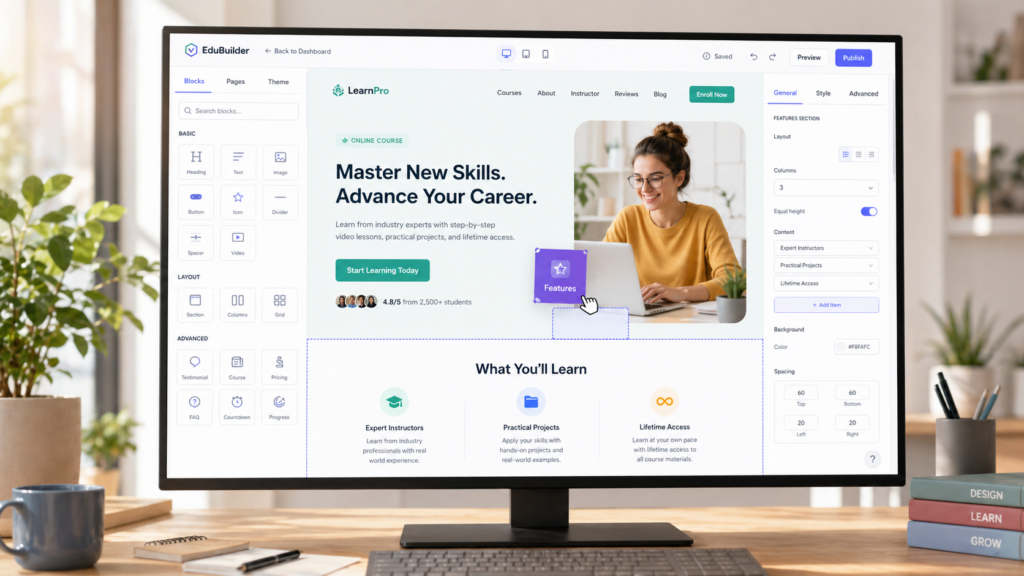 Drag and drop website builder interface on LearnWorlds showing a course landing page being customized — LearnWorlds website builder tutorial