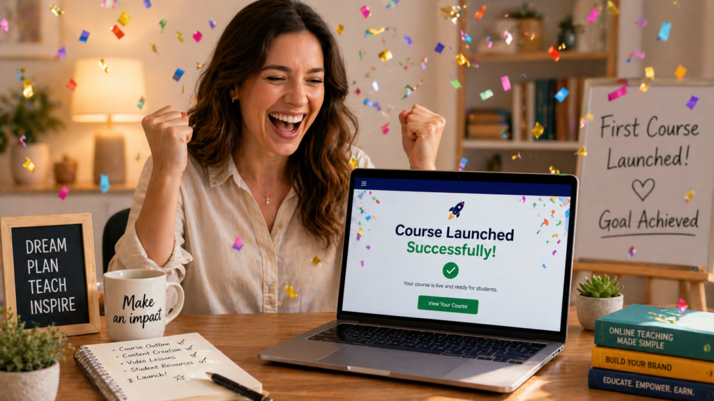 Happy course creator celebrating the launch of their first online course on LearnWorlds — start your free trial today"