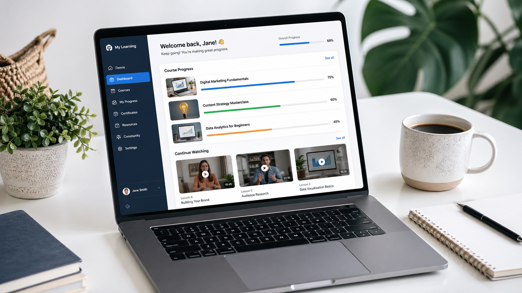 Laptop showing an online course dashboard on a clean desk — how to use LearnWorlds for beginners