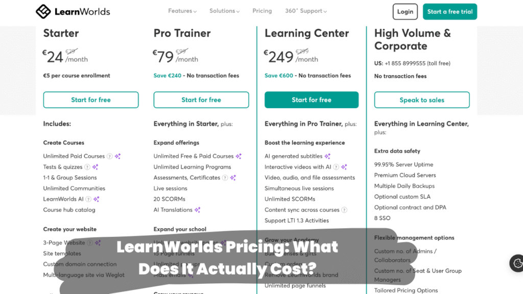 LearnWorlds pricing plans comparison showing Starter, Pro Trainer and Learning Center tiers for online course creators