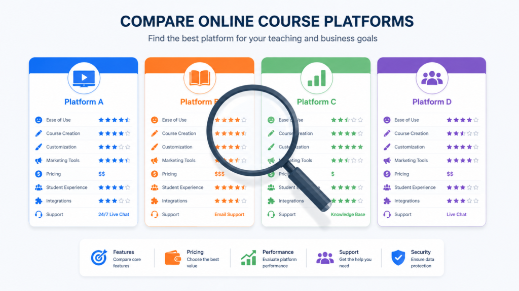 Comparison of online course platforms side by side — LearnWorlds vs Teachable vs Thinkific vs Kajabi