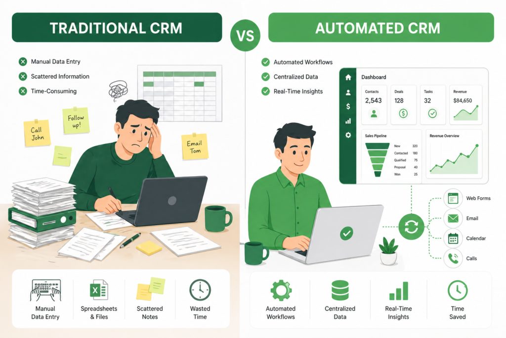"Traditional CRM vs automated CRM for small business showing manual data entry compared to automatic contact tracking"