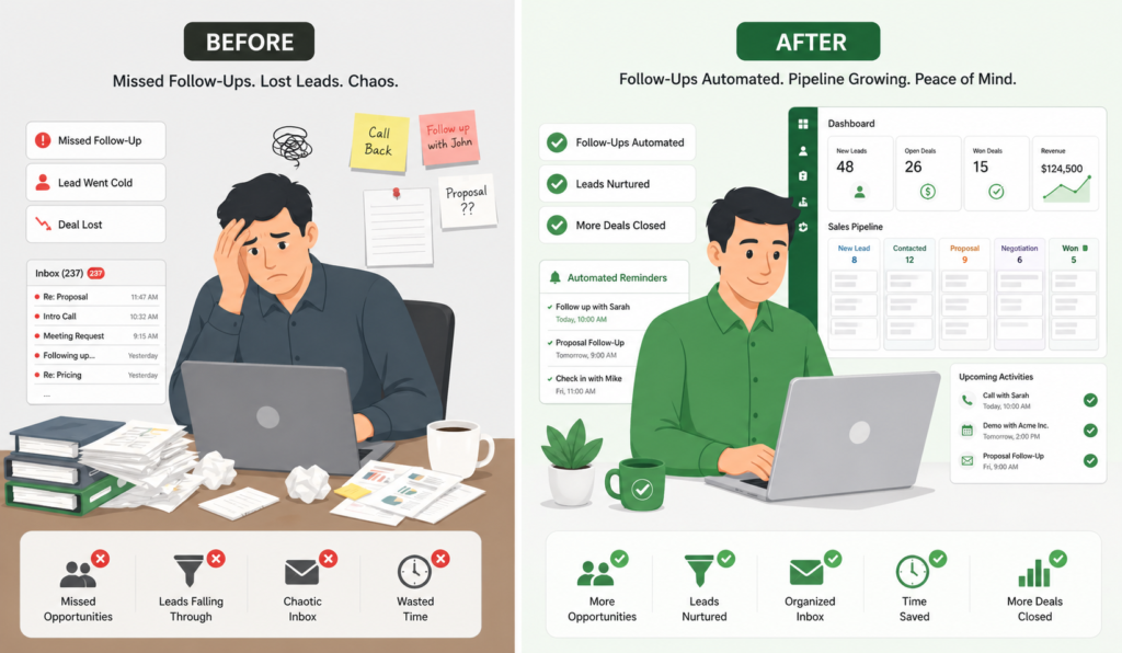 "Before and after comparison of small business sales process without and with CRM automation in 2026"