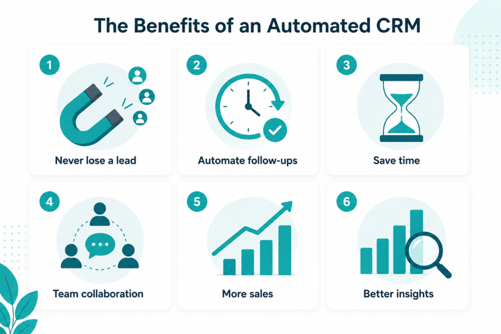 "Top 6 benefits of CRM automation for small business including lead tracking follow-ups and sales insights"