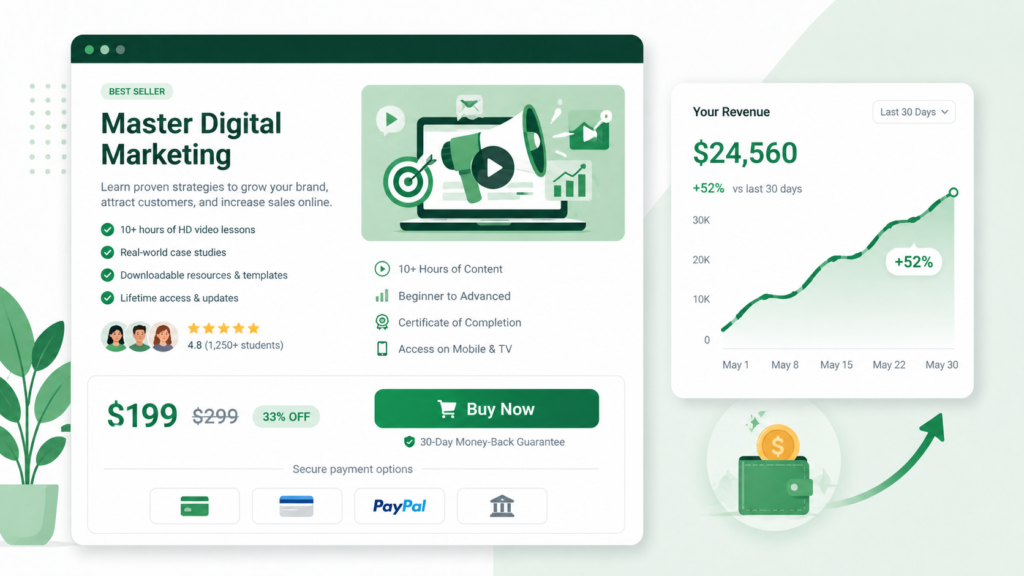 Online course sales page with payment options and revenue graph — how to sell online courses on LearnWorlds