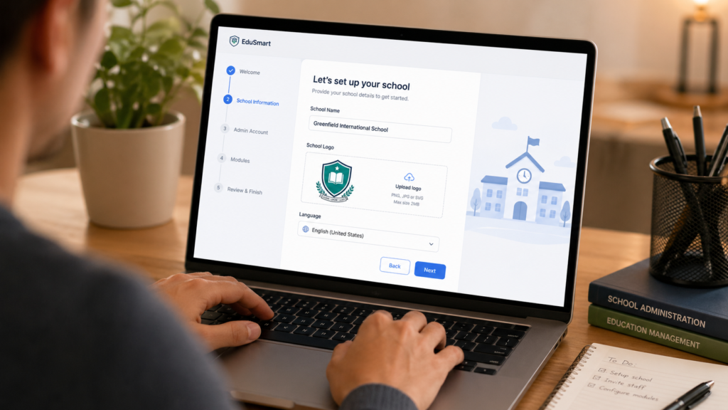 Person setting up their online school on LearnWorlds by entering school name and uploading a logo — LearnWorlds setup guide for beginners