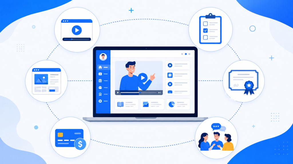 llustration of an all-in-one online course platform with icons for video lessons, quizzes, certificates and community — what is LearnWorlds
