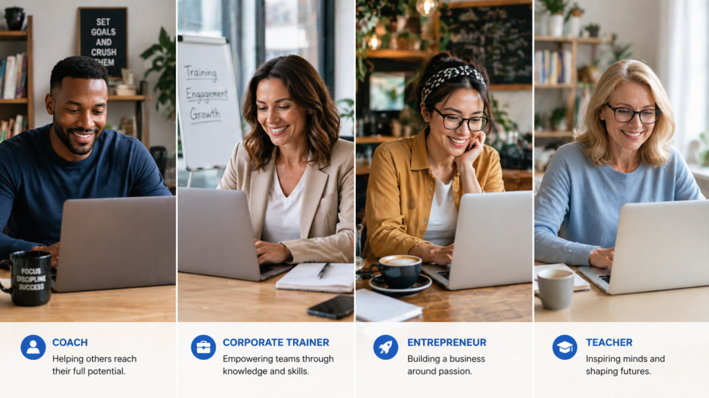 Diverse group of course creators and coaches working on laptops — who is LearnWorlds for