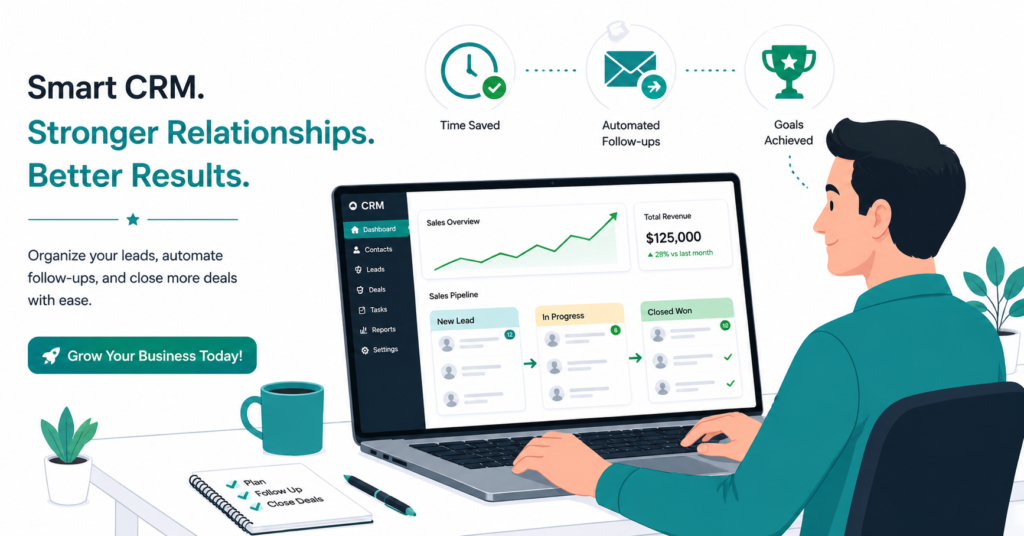 "Confident small business owner using Salesflare CRM automation software to close more deals and grow sales faster"
