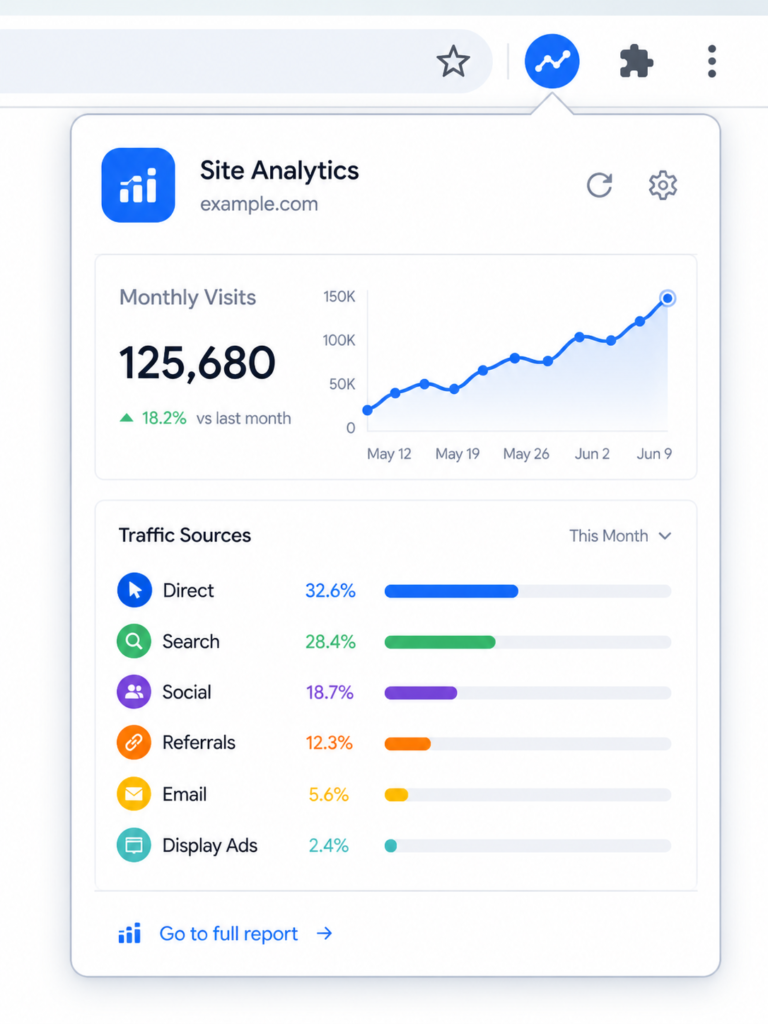 Similarweb Chrome extension popup panel showing monthly visits traffic graph and engagement metrics