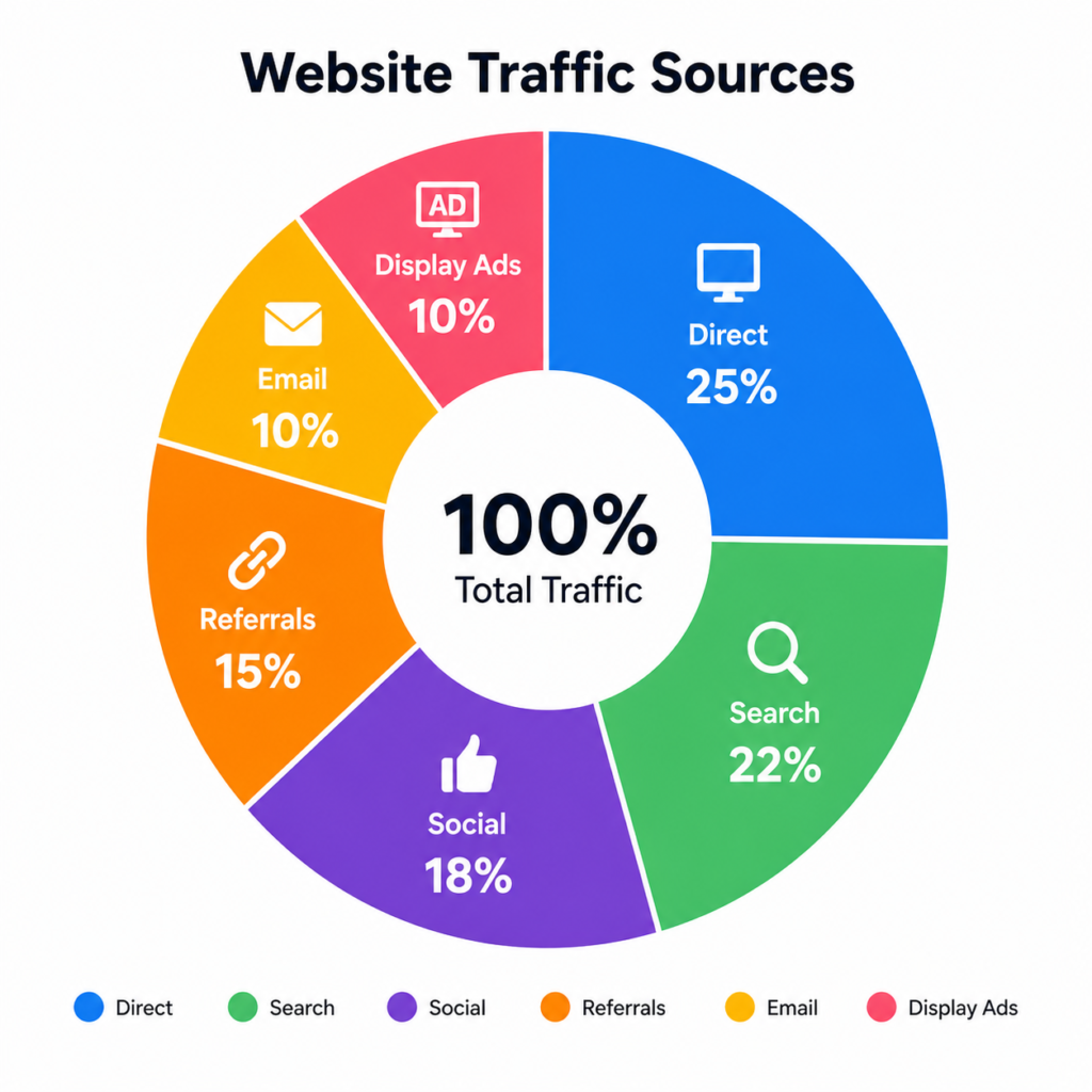 Similarweb traffic sources breakdown chart showing direct search social referral email and display ad percentages