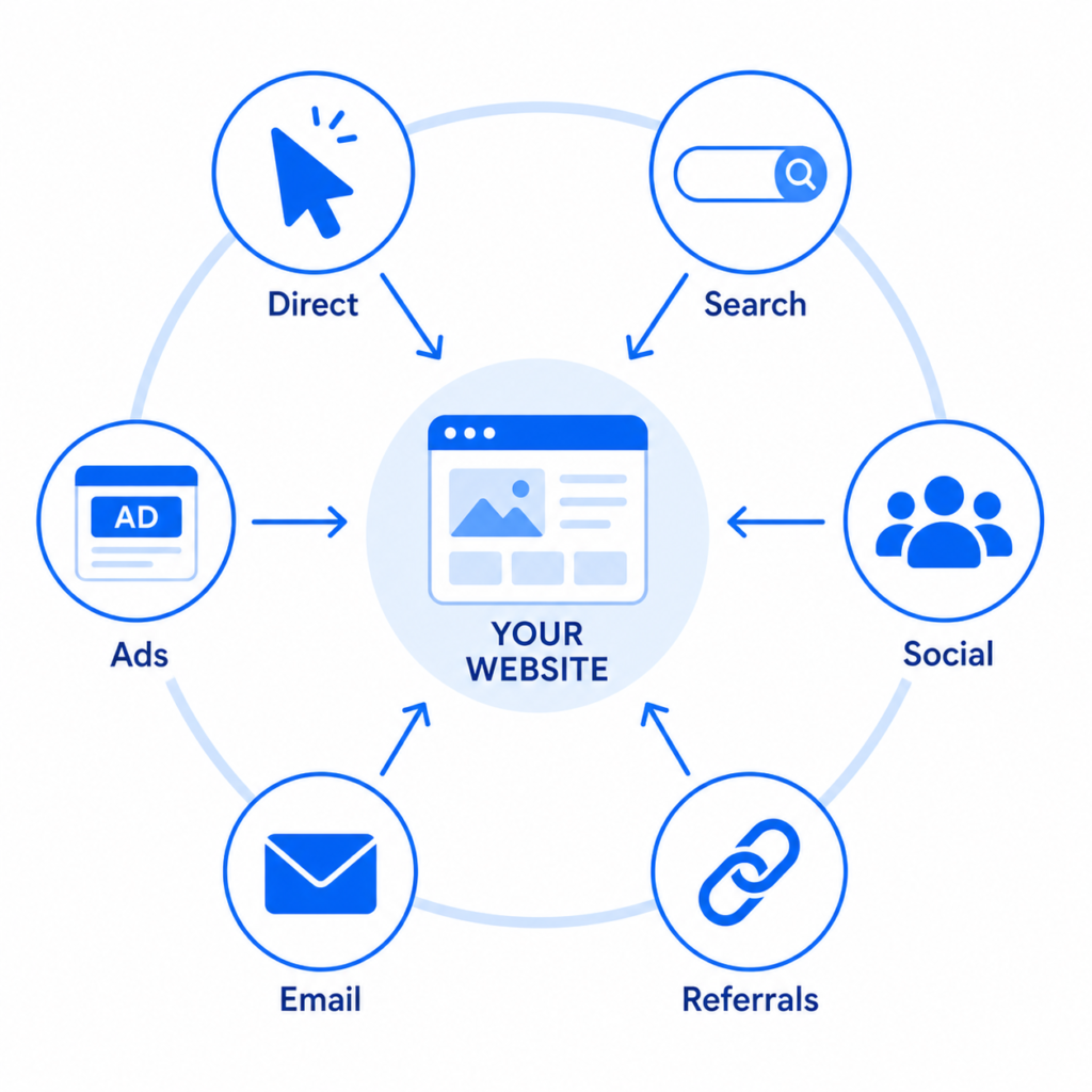 Similarweb traffic source categories diagram including direct search social referral email and display advertising