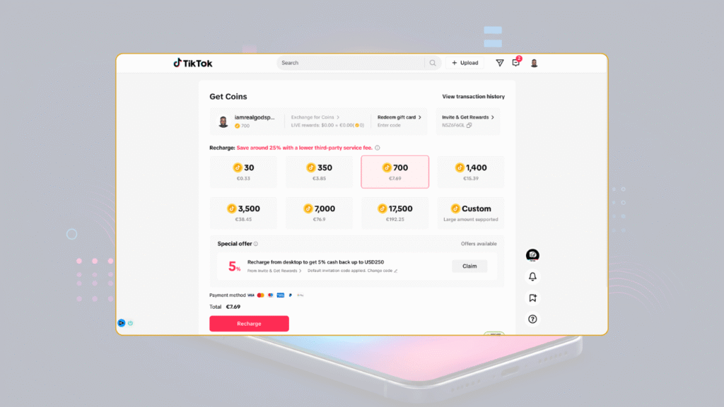 Virtual gold TikTok coin surrounded by digital gift icons like roses and crowns